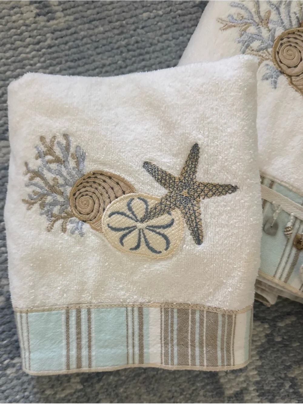4-Piece Coastal Embroidered Bath & Hand Towel Set ~ Seashell Accents ~ Avanti